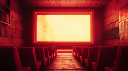 Fototapeta premium Empty movie theater with glowing neon screen in a red-lit, industrial setting