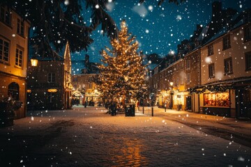 Fototapeta premium winter christmas European town streets landscape with festive decorations and xmas tree with snow falling at night