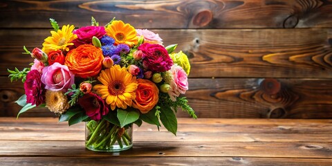 Colorful bouquet of flowers on a wooden table, floral, colorful, present, occasion