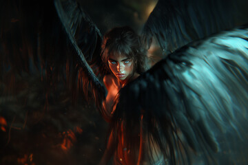 Beautiful harpy girl with wings on a dark background.