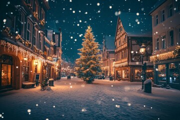 winter christmas European town streets landscape with festive decorations and xmas tree with snow falling at night