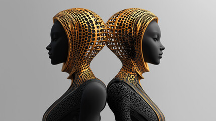 Two futuristic black mannequins with complex golden lattice headgear, back to back