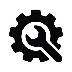 Gear Icon With Wrench. Symbol For Repair. Workshop and Construction Work Tools. Customizable thin line illustration.  Editable stroke.