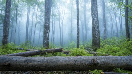 Biodiversity decline depicted through a forest with downed trees and sparse underbrush, ecological theme, misty ambiance, intricate textures.
