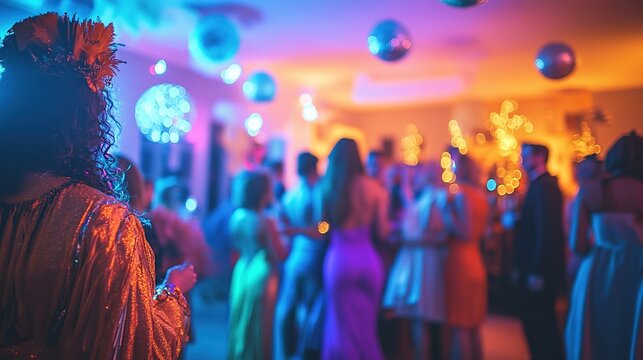 Vibrant party scene with festive lighting and crowd dancing