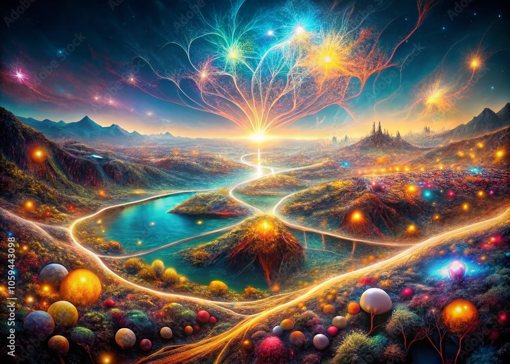 Poster surreal illumination of neural pathways in a dreamlike landscape - panoramic exploration of ai-gener