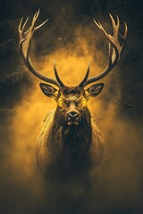 A deer with glowing eyes stands in front of a yellow background. The image has a mysterious and eerie mood, with the deer's glowing eyes drawing the viewer's attention