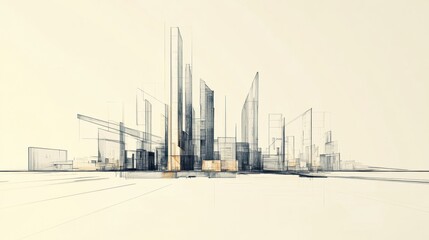 This artwork illustrates a futuristic city skyline showcasing sleek, geometric skyscrapers and a clear, minimalist design aesthetic. Generative AI