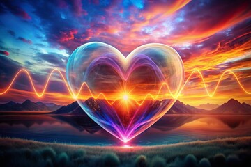 Surreal Heartbeat Visualization: Abstract Heart Graphics Merging with Vibrant Waveforms in a Dreamlike Landscape for Emotional Resonance and Artistic Expression