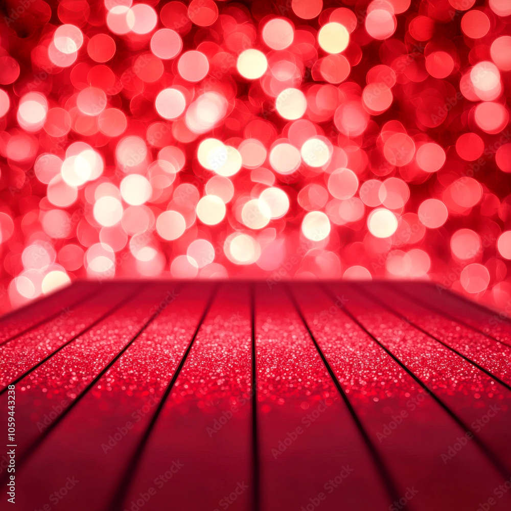 Poster red bokeh lights background with wooden table for product display.