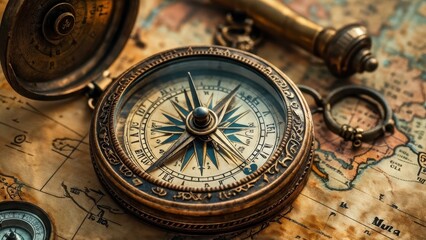 A vintage compass resting on an old map, symbolizing exploration and navigation.