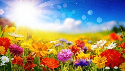 Colorful flower meadow with sunbeams and blue sky and bokeh lights in summer 