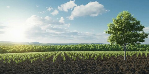 Obraz premium Drone view of reforested area, clusters of young trees and rich earth, expansive landscape