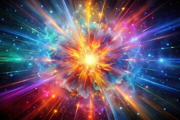 Fototapeta premium Cosmic explosion of colorful particles and energy in a vast space background, vibrant colors, astrophysical phenomenon, stellar explosion, cosmos, cosmic event