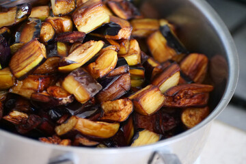 Eggplant cubes fried to make eggplant stew,