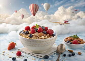 Surreal Oatmeal Bowl with Berries and Nuts - Whimsical Breakfast Delight for Food Lovers