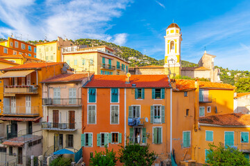 The colorful skyline including the Saint Michel Church at the seaside village of...