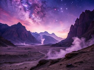 Naklejka premium Surreal Purple Alien Landscape with Majestic Mountains and Enigmatic Smoke Rising - Dreamlike Drone Photography
