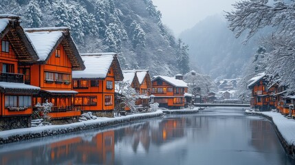 Fototapeta premium Snowy Village by the River