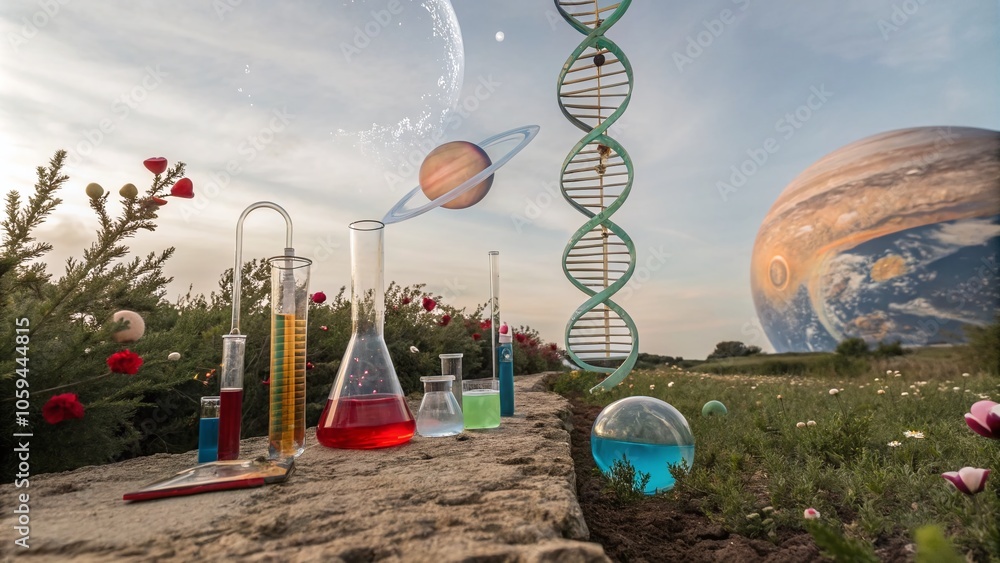 Poster surreal science elements: captivating collection of laboratory tools and cosmic phenomena for creati