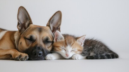 Obraz premium Dog and cat sleeping peacefully together, white isolate background.