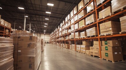 A wide shot of an empty warehouse with rows of stacked boxes on shelves.