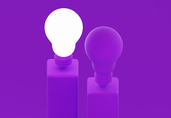 glowing light bulb next to non glowing light bulb, on podiums