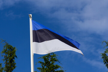 Waving Estonian flag against a bright blue sky with wispy clouds and lush green trees surrounding the scene