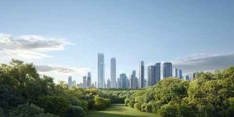 Habitat provision through urban green spaces enhancing biodiversity, contemporary city skyline, twilight ambiance, vibrant arrangement.