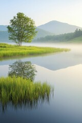 Obraz premium Healthy wetlands symbolize ecological balance with diverse plant and animal life, serene vistas, soft morning fog, and tranquil water surfaces.