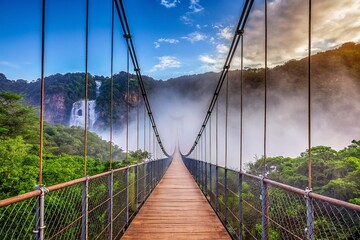Obraz premium Suspension Bridge in a Misty Rainforest - Enchanting Nature Photography for Adventure Lovers