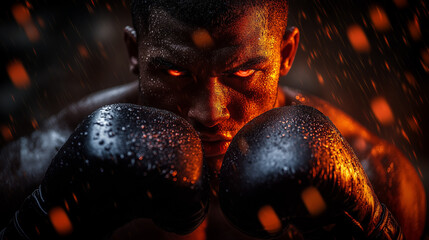 Fierce muscular man boxer posing in boxing gloves on dark fire flame background.