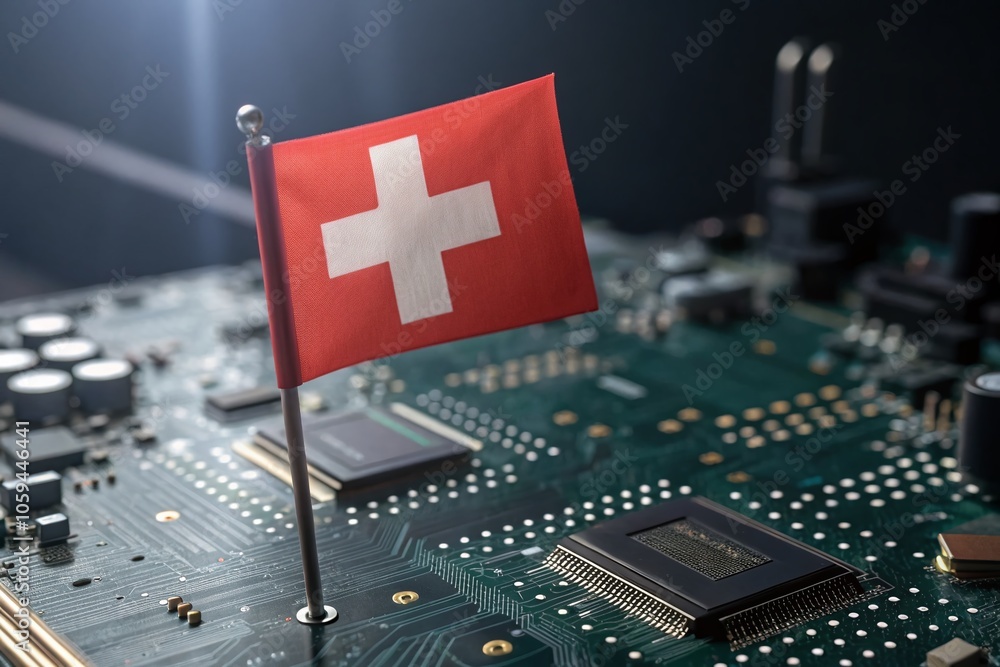 Poster swiss flag on circuit board - high dynamic range image for technology and innovation themes