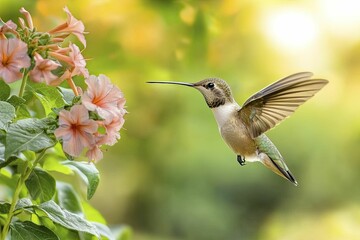 Fototapeta premium Pollination services illustrated by hummingbirds hovering around blossoms, vibrant tropical scene with striking colors, sharp contrasts emphasizing features.