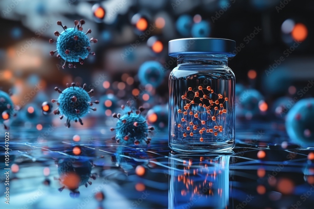 Poster vial containing vaccine with floating virus particles in a laboratory setting at night
