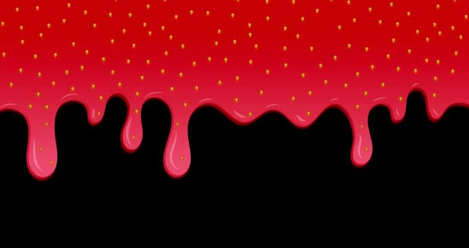 Realistic drops of strawberry jam animation. Strawberry background jam dripping drop splash texture. Drips of strawberry jam. Transparent background with alpha channel