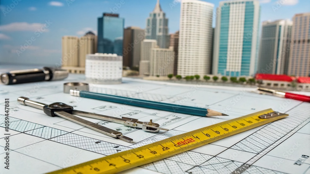 Poster tilt-shift blueprint drafting in architecture design, precision modeling, and grid layouts for innov