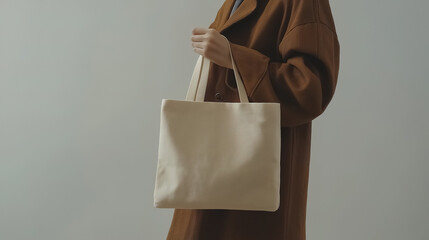 High-quality photo of a woman holding a blank canvas fabric tote bag, ideal for mockup or branding template