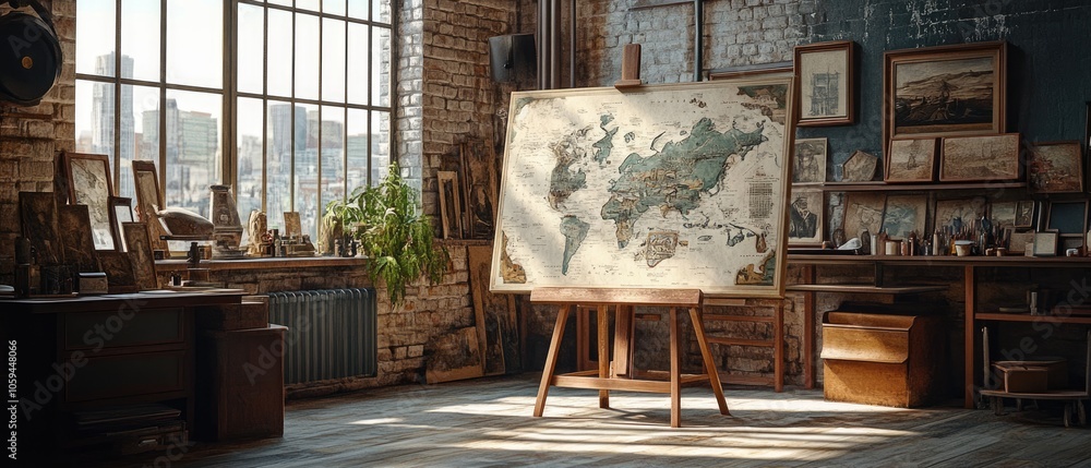 Poster a vintage world map displayed on an easel in a rustic loft with large windows, brick walls, and a co