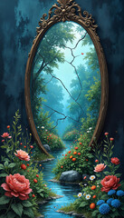 Enchanting landscape framed in a cracked mirror showcasing a vibrant river and blossoming flowers