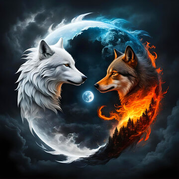 Illustration yin yang avec des loups