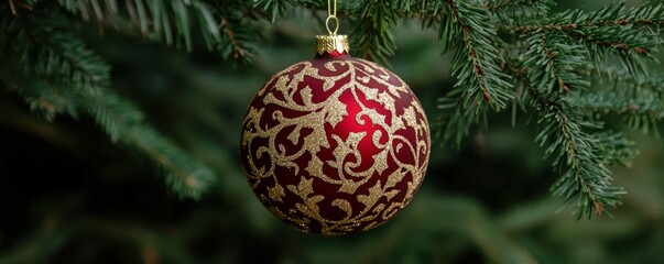 Beautiful red and gold Christmas ornament hanging on a pine tree branch.
