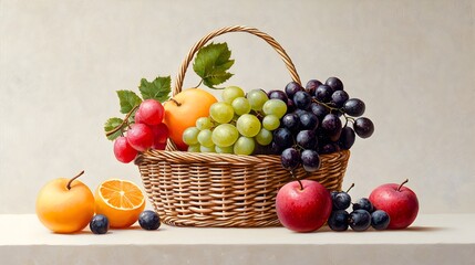 Renaissance Inspired Oil Painting Reveals Overflowing Wicker Basket with Ripe Juicy Fruits