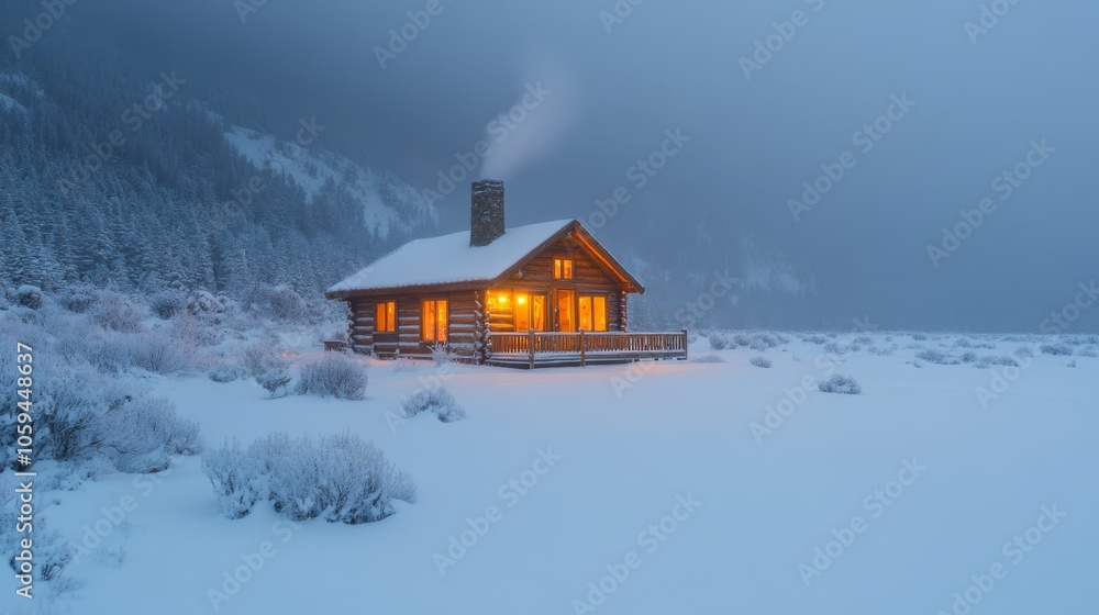 Poster A charming log cabin nestled in a snowy terrain during twilight. The structure emits a warm glow from its windows, contrasting with the cold winter surroundings.