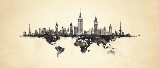 Fototapeta premium A watercolor silhouette of famous landmarks around the world on a world map.