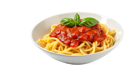Spaghetti with Tomato Sauce and Basil in a Bowl on Transparent Background (PNG).