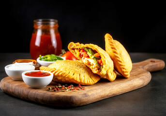 Crispy venezuelan empanadas with colorful fillings on wooden board with dipping sauces