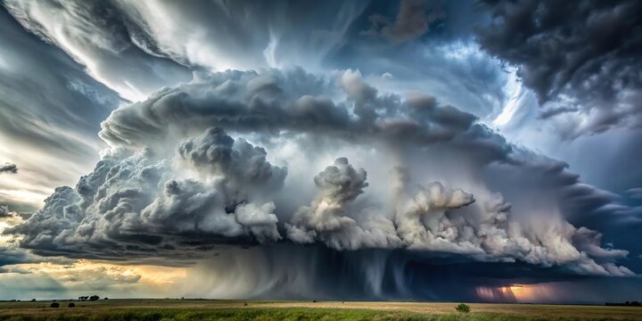 Dark and foreboding thunderheads with towering vertical growth, heavy with rain and thunder, dramatic, thunderhead