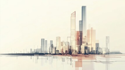 Fototapeta premium The artwork features a futuristic city skyline characterized by clean lines and geometric shapes under a calming twilight ambiance. Generative AI