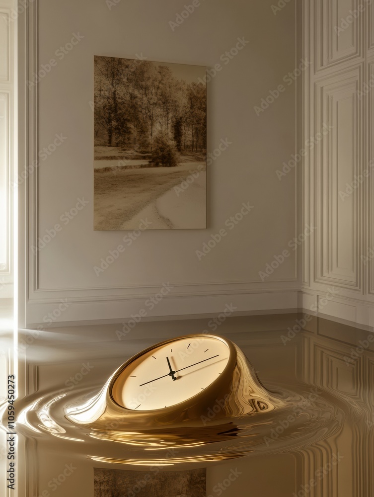 Fototapete a surreal clock melts in water within an elegantly styled room, evoking thoughts about the fluidity 